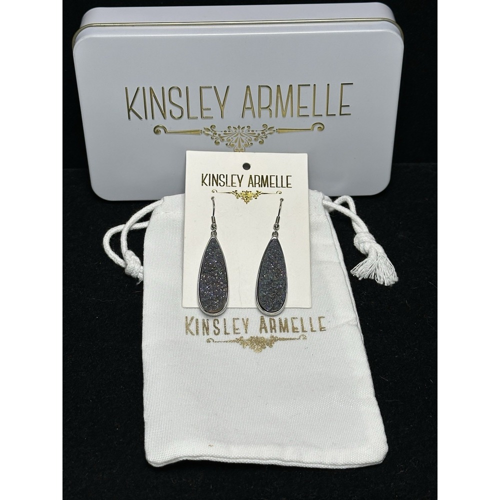Kinsley Armelle Druzy Teardrop Earrings Silver Tone w Tin & Pouch NEW